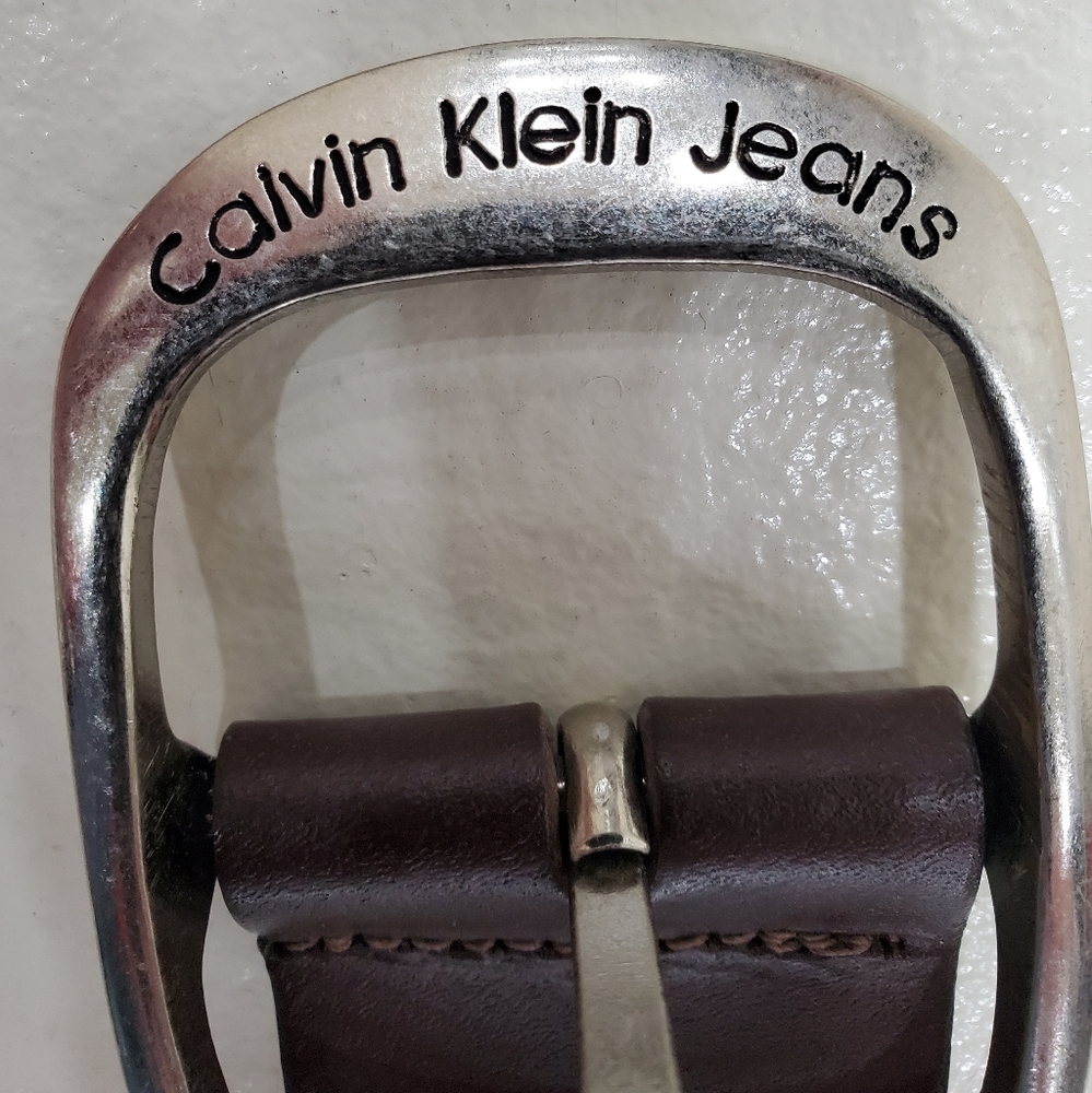 Calvin Klein belt women's large brown leather riveted studs silver logo buckle - Picture 2 of 15